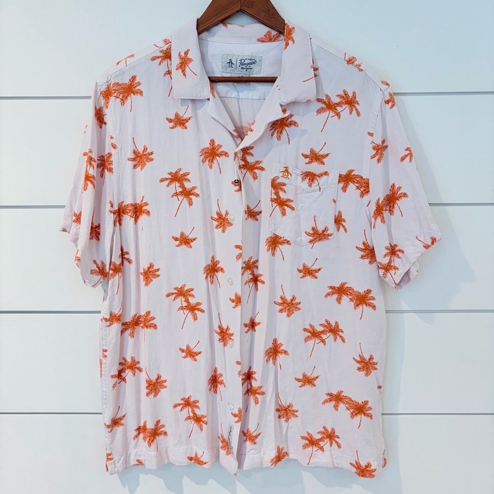 Original Penguin Men’s Palm Shirt L White Orange Coastal Resort Core Luau Summer
